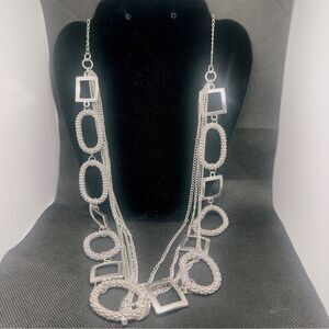 Silver Tone Geometric Statement Necklace Long Layered Chain Modern Fashion Jewel
